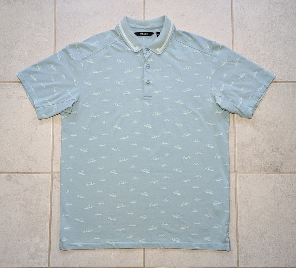 Radmor Men's Large Polo Golf Shirt UFO Print All Over Print Light Blue Stretch